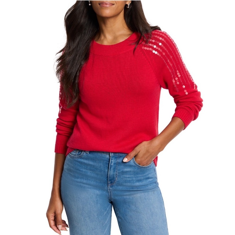 NIC+ZOE Subtle Shine Sweater Amaryllis Red Sequin Shoulder F241176 Medium NEW